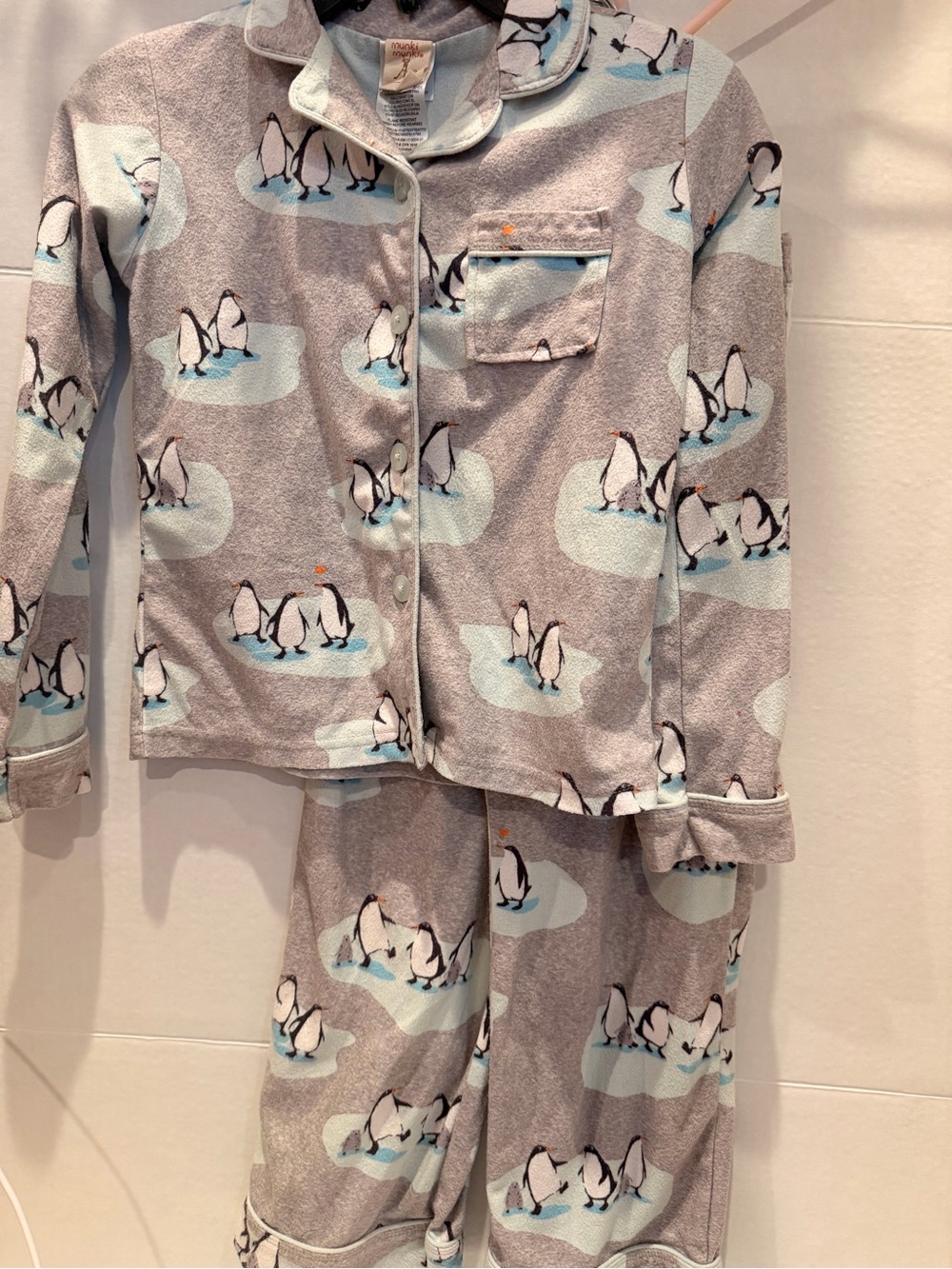 munki munki Light Gray & Blue Penguin Print Long Sleeve Pajama Set